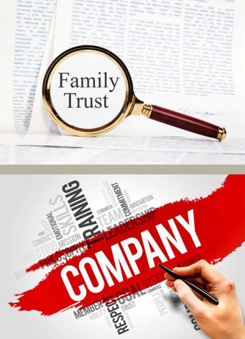 magnifying glass on paper showing family trust in large letters
							  and company on image below